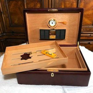 Genuine Italian Leather Cedar Wood Prem. Humidifier Hygrometer Lock Key Humidor